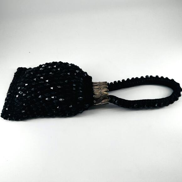 Vintage Black Beaded Evening Purse with Bike Chain Strap Accent Y2K Goth - Picture 5 of 9